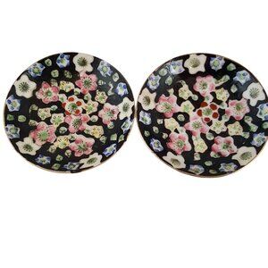 Vintage Cloisonne Enamel Floral Flowered Trinket Dishes 1960 Set of 2 Japan